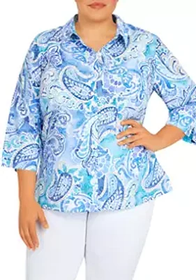 Alfred Dunner Plus Classic Paisley 3/4 Sleeve Button Down Top