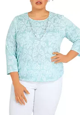Alfred Dunner Plus Floral Jacquard Butterfly Knit Top with Necklace