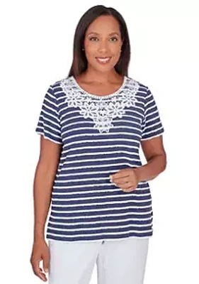 Alfred Dunner Petite Classics Neutrals Stripe Lace Yoke Top