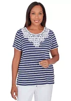 Alfred Dunner Petite Classics Neutrals Stripe Lace Yoke Top