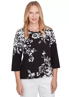 Petite Classics Monotone Asymmetric Floral Printed Top