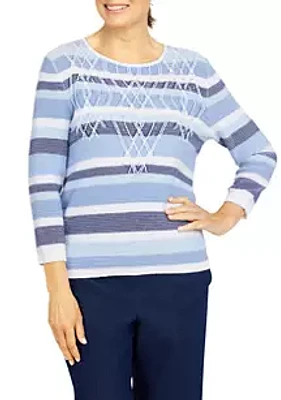 Alfred Dunner Petite Shenandoah Valley Crew Neck 3/4 Sleeve Stripe Sweater