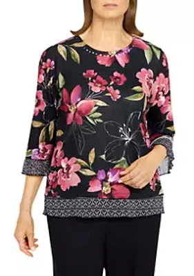 Alfred Dunner Women's Theater District Crew Neck Three-Quarter Flutter Sleeve Mixed Print Top