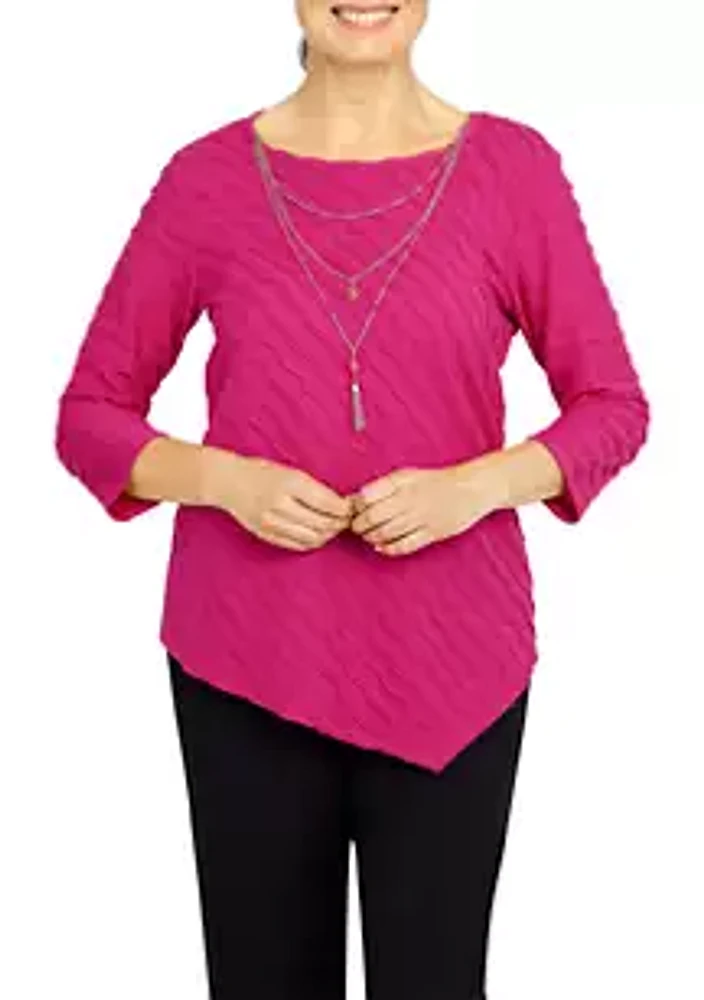Alfred Dunner Petite Theater District Texture Asymmetrical Hem Top With Removable Necklace
