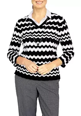 Alfred Dunner Petite Zig Zag Sweater with Woven Trim