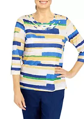 Alfred Dunner Women's Bright Idea Etched Stripe 3/4 Sleeve Top