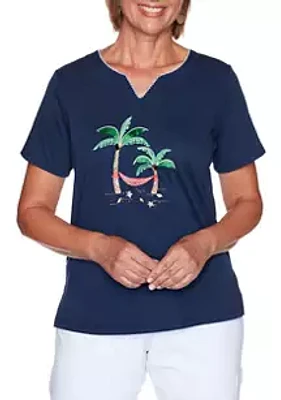 Alfred Dunner Women's Island Hopping Palm Tree Scenic Top