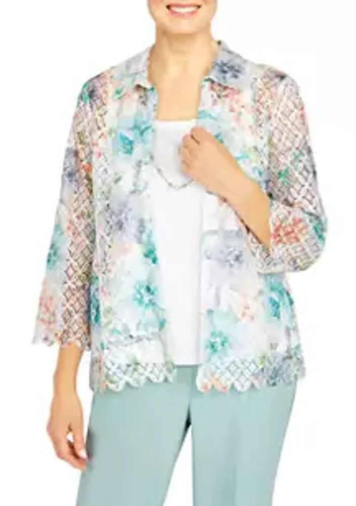 Alfred Dunner Petite Ladylike Lace Floral Trellis 2Fer Top