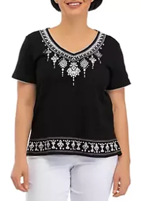 Alfred Dunner Petite Short Sleeve Embroidered Trim Shirt