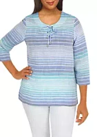 Alfred Dunner Women's 3/4 Sleeve Stripe Lace Neck Top