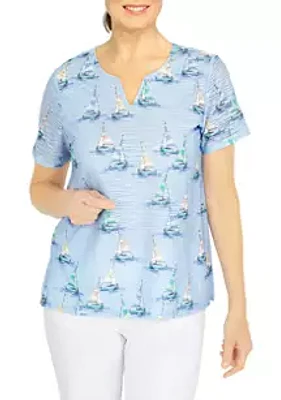 Alfred Dunner Women's Short Sleeve Sailboat Split Neck T-Shirt