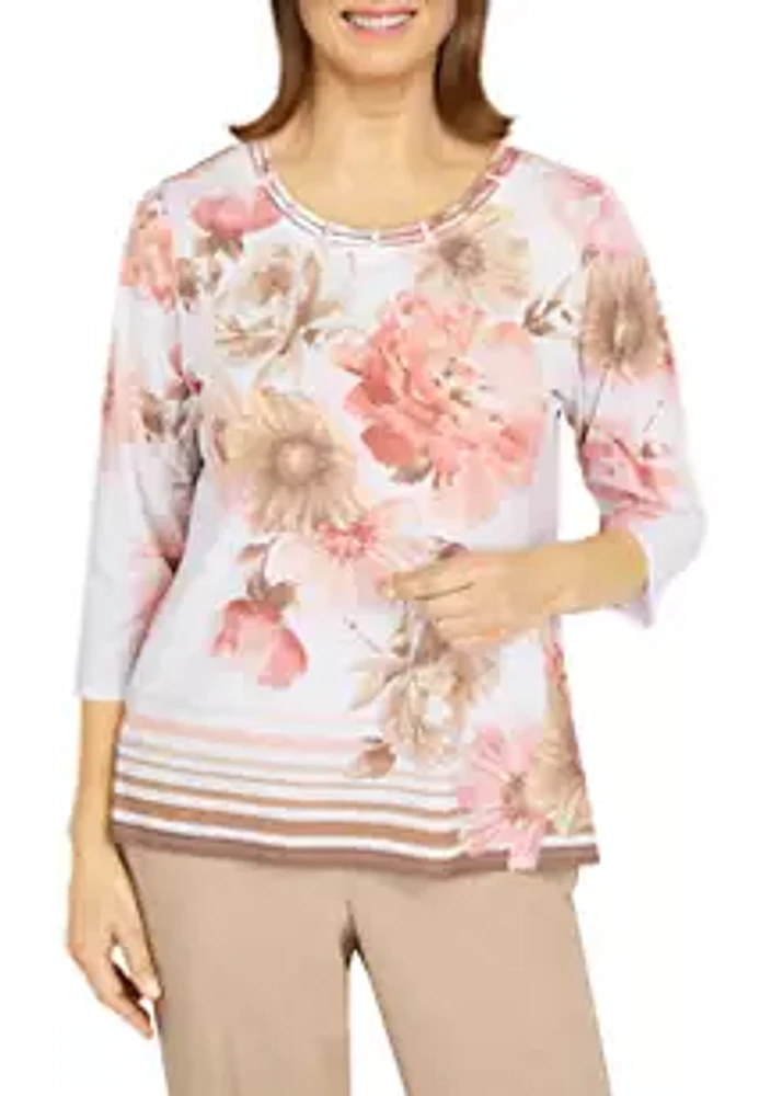 Alfred Dunner Women's Floral Border Stripe Top