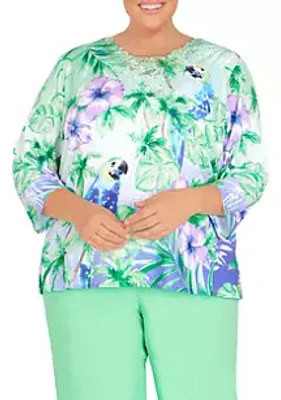 Alfred Dunner Plus 3/4 Sleeve Tropical Parrot Knit Top