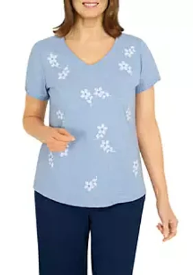 Alfred Dunner Women's Tossed Floral Embroidery V-Neck T-Shirt