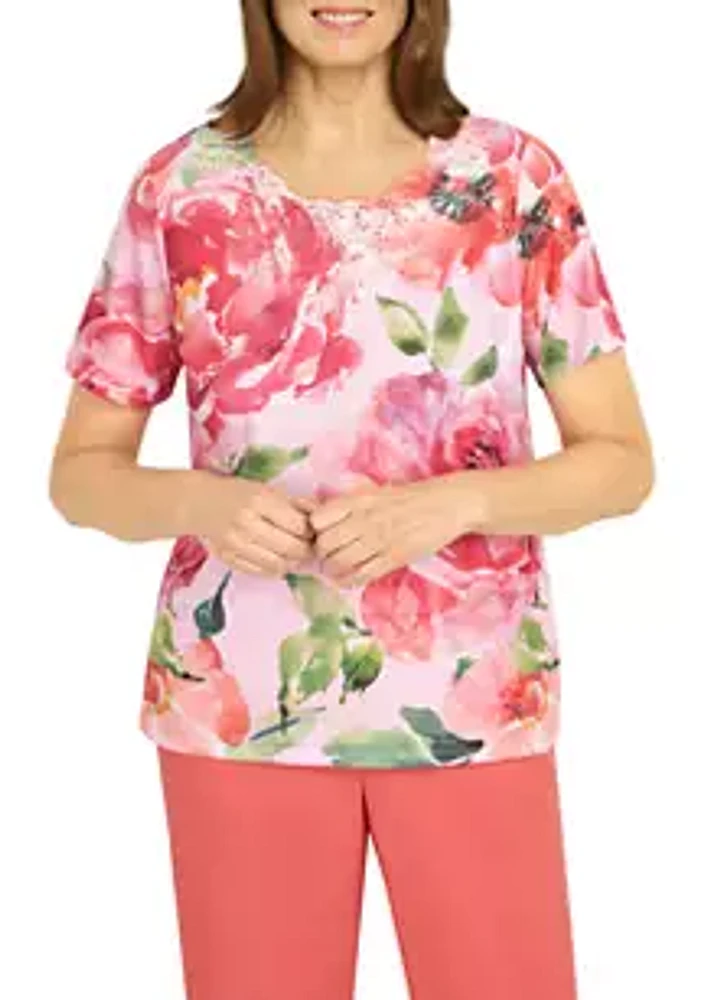 Alfred Dunner Women's Short Sleeve Drama Floral Top