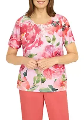 Alfred Dunner Women's Short Sleeve Drama Floral Top