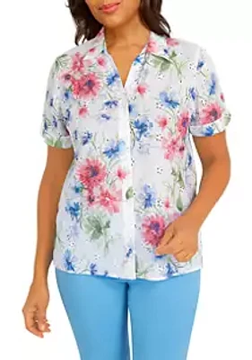 Alfred Dunner Women's Short and Sweet Florals Eyelet Print Top