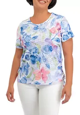 Alfred Dunner Petite Short Sleeve Floral Watercolor Eyelet Top