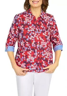 Alfred Dunner Women's Land of the Free Polka Dot Trim Floral Top