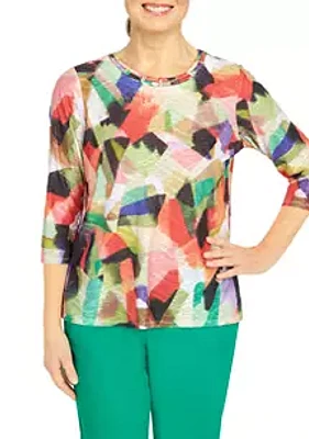 Alfred Dunner Women's Island Vibes Stained Glass Color Block Top