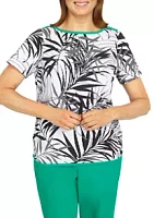 Alfred Dunner Women's Island Vibes Etched Leaves Top with Emerald Trim