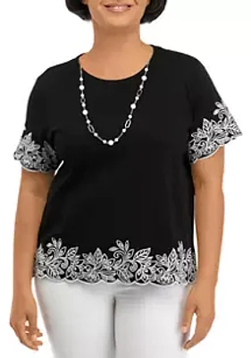 Alfred Dunner Petite Embroidered Scallop Hem Shirt