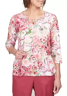 Alfred Dunner Women's Rosewood Floral Lace Neck Top
