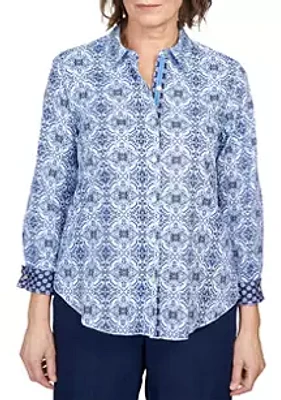 Alfred Dunner Women's Moody Blues Monotone Medallion Top with Ribbon Trim