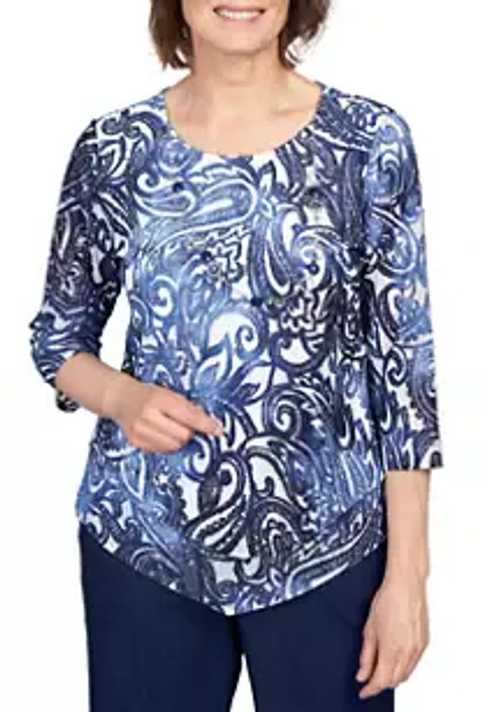 Alfred Dunner Plus Size Moody Blues Tie Dye Paisley Jacquard Top