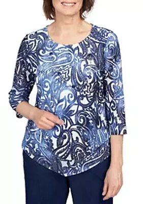 Alfred Dunner Plus Size Moody Blues Tie Dye Paisley Jacquard Top