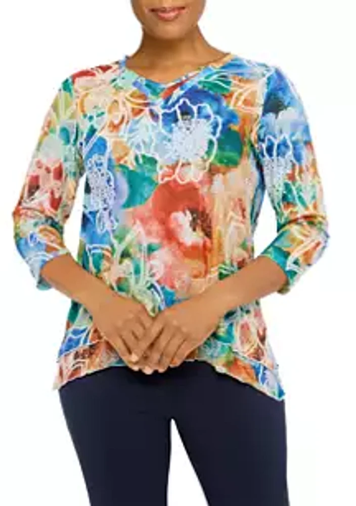 Alfred Dunner Petite Moody Blues Watercolor Floral Printed Top