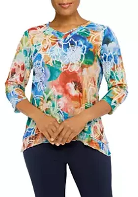 Alfred Dunner Petite Moody Blues Watercolor Floral Printed Top