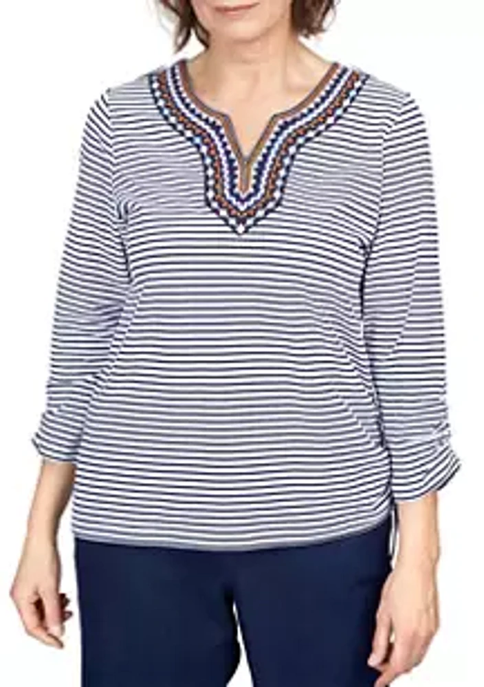 Alfred Dunner Petite Moody Blues Embroidered Neckline Stripe Top