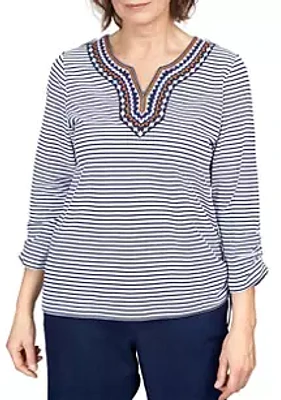 Alfred Dunner Petite Moody Blues Embroidered Neckline Stripe Top