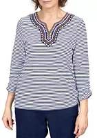 Alfred Dunner Petite Moody Blues Embroidered Neckline Stripe Top