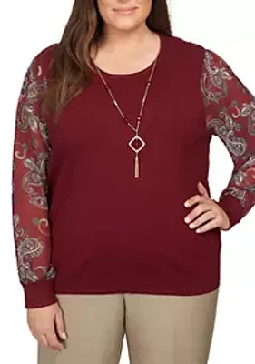 Alfred Dunner Plus Size Mulberry Street Print Paisley Sleeves Sweater