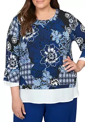 Alfred Dunner Plus Downtown Vibe Floral Top with Woven Trim