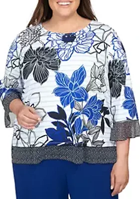 Alfred Dunner Plus Downtown Vibe Geo Trim Floral Stripe Top
