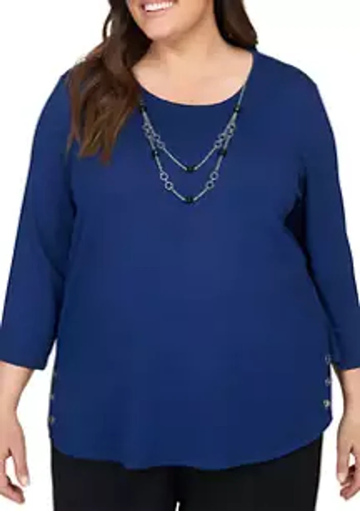 Alfred Dunner Plus Size Downtown Vibe Heather Mélange Top with Necklace