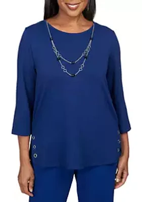 Alfred Dunner Petite Downtown Vibe Heather Mélange Top with Necklace
