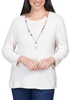 Women's Autumn Weekend Ivory Mixed Texture Sweater with Necklace