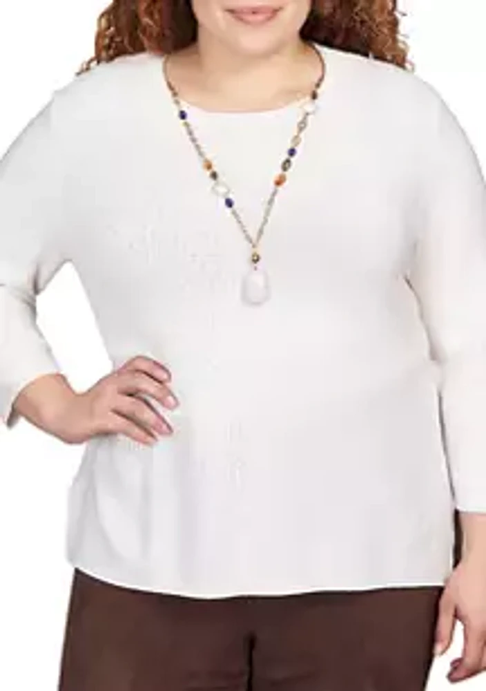 Alfred Dunner Plus Solid Texture Sweater with Detachable Necklace