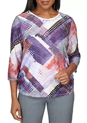 Alfred Dunner Women's Point of View Pretty Patchwork Embellished Dots Top