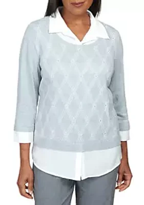 Alfred Dunner Women's Point of View Diamond Pullover Two One Sweater