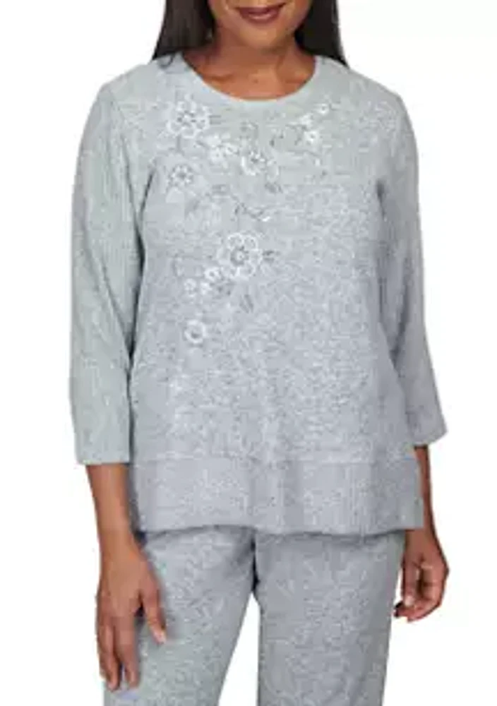 Alfred Dunner Women's Comfort Zone Flower Embroidery Ribbed Sleeve Top