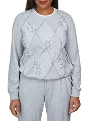 Alfred Dunner Women's Comfort Zone Spliced Diamond Embroidery Sweatshirt