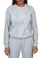 Alfred Dunner Women's Comfort Zone Spliced Diamond Embroidery Sweatshirt