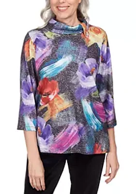 Alfred Dunner Women's Drama Queen Brushstroke Floral Cowl Neck Top