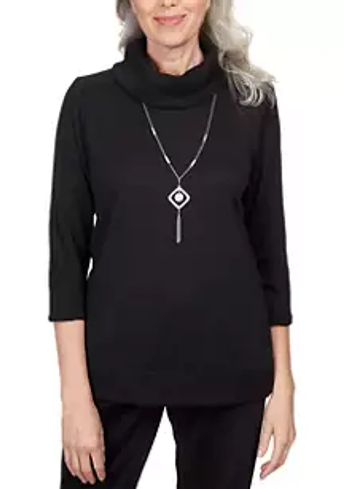 Alfred Dunner Women's Drama Queen Black Cowl Neck Top With Necklace
