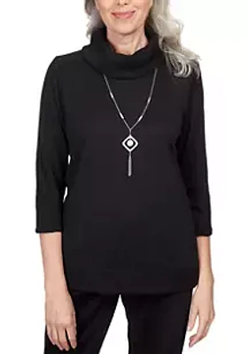 Alfred Dunner Women's Drama Queen Black Cowl Neck Top With Necklace